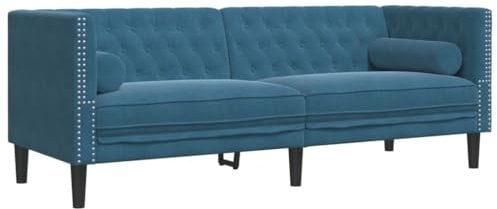 vidaXL Chesterfield Sofa mit Nackenrollen 3-Sitzer, Couch mit Armlehnen Rückenlehne Stützbeine, Polstersofa für Wohnzimmer, Couchgarnitur, Blau Samt