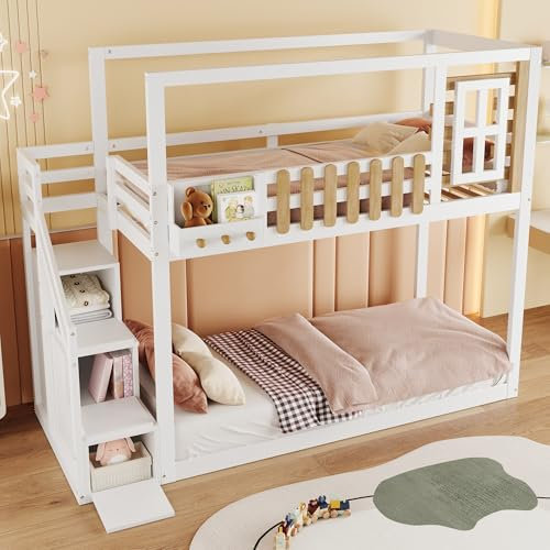 FEZTOY Kinderbett Etagenbett 90 x 200, Hausbett für 2 Kinder, Hochbett mit Lattenrost, Treppe und Rausfallschutz, Baumhaus Bett mit Fenster und Dach, Kiefernholz, Ohne Matratze