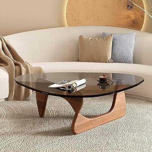 MZBDYYF Table Basse Triangulaire Moderne du Milieu du siècle avec Dessus en Verre et Base en Bois pour Le Salon - Conception Ovale rétro pour Le Bureau à Domicile - Finition Brune Naturelle