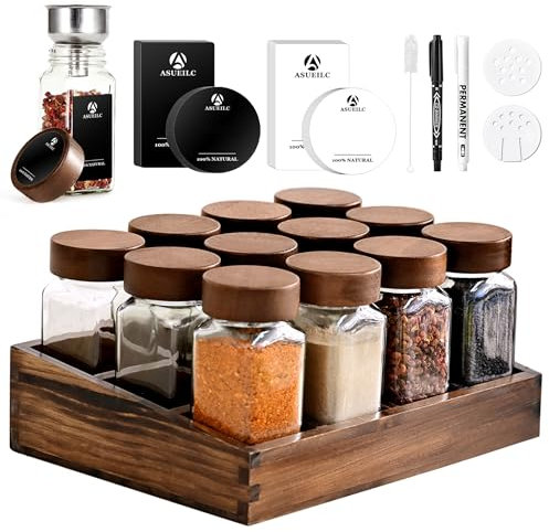 DSUID Elegant Acacia Wood Spice Rack with 12 Square 120ml Jars | 40 Labels | Natural Organiser
