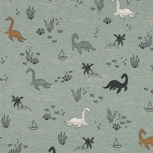 VmG-Store Jersey Stoffe Meterware zum Nähen Baumwolljersey Nähstoff Kinderstoff 140 cm breit III (Dinosaurier Dark Mint Jb055)