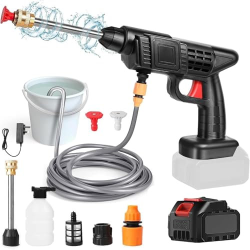 Pistola de Agua de Alta presión, 30Bar Limpiador de Alta presión portátil con batería de 6000mAh, Cargador y Manguera 5m, 435PSI Pistola de Alta presión inalámbrica para Jardín y Coche (1 × batería)