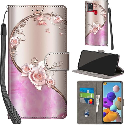 Handyhülle für Samsung Galaxy A21s Hüllen Premium Leder Case Klappbar Wallet Magnet Kartenfach Standfunktion Schutzhülle kompatibel mit Samsung A21s Cover,Rose