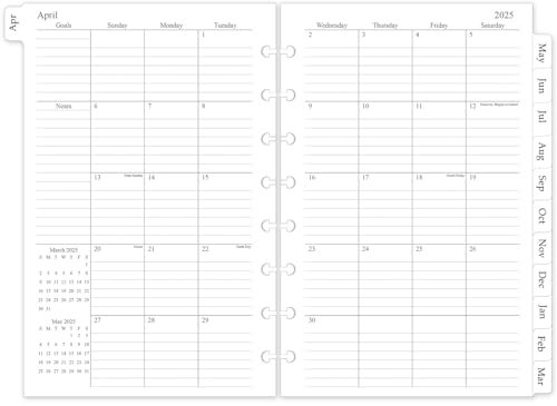 Monatsplaner 2025-2026, Nachfüllpackung, Planer-Einlagen für 8-Discbound, 14 x 21,6 cm, Juli 2025 bis Juni 2026, 12 Monatskalender mit laminierten Registern