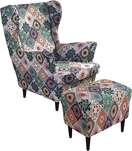 ZGantrix Ohrensessel überzug mit Hocker Bezug, 2 Teilig Sessel-Überwürfe+1 Teilig Ottomane Schonbezug, Beige/Grün/Rosa/Blau Ohrensessel Schonbezüge Sesselhusse Stretch Tiger Stuhlbezug mit Armlehne