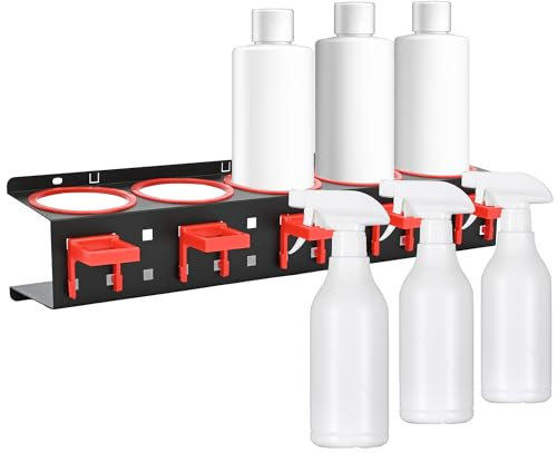 awagas Wall Mounted Spray Bottle Holder, Cold-Rolled Steel Spray Can Holder with 5 Removable Hooks for Car Detailing Tools Beauty Shop, Fit for 8.5cm Diameter Bottle