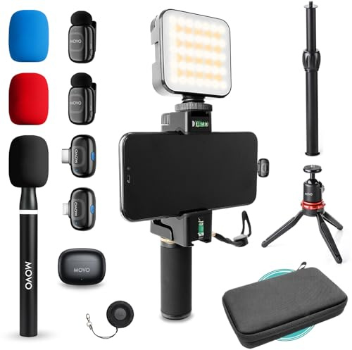 Movo iVlogger-PRO Kabelloses Vlogging-Kit für iPhone/Android – YouTube-Starter-Kit für Content-Creator – Inklusive: Handy-Stativ, Handy-Halterung, LED-Licht und kabelloses Mikrofon