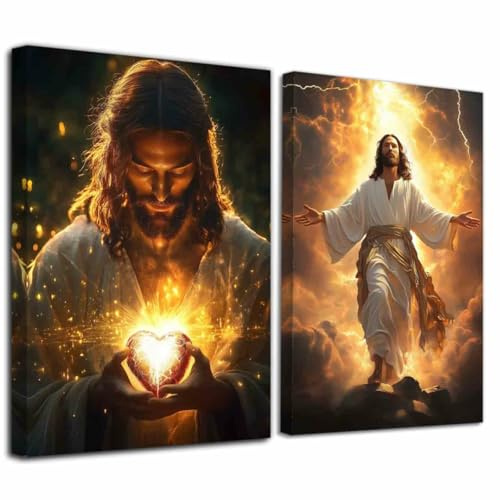 LZIMU 2 teiliges Jesus Christus Bild Gemälde des Heiligen Herzens Jesu Gottes göttliche Barmherzigkeit Leinwanddruck christliches spirituelles Kunstwerk Schwarz Gold ((28x35cmx2 Teilig))