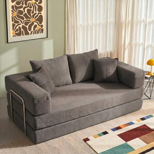 YINIX Cordstoff Schlafsofa 200cm, 5-in-1 Faltbares 3-Sitzer Bodensofa mit Metallrahmen, Modulares Gästebett aus hochdichtem Schaumstoff, Keine Montage (Grau, 200cm)