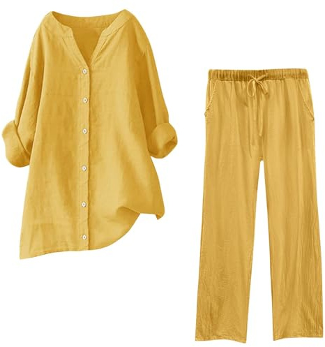 Ensemble Lin Femme Ete Deux Pièces Grande Taille Chemise Manches Longues Col V avec Bouton Et Pantalon Ample Taille Elastique Streetwear Outfit Set Léger Décontracté Couleur Unie De Plage Loungewear