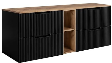 3E 3xE living.com Badezimmerschrank, Schwarz/Craft-Eiche, 140 (2 x 60 + 20) x 58,6 x 46 cm