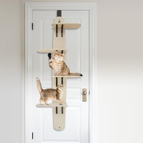 4 våningar kattstege, dörrhängande väggmonterat klösträd med hyllor, hängande katter, väggelement, mångsidig kattrappa för dörrtjocklek 40/45 mm och dörrgap >3 mm