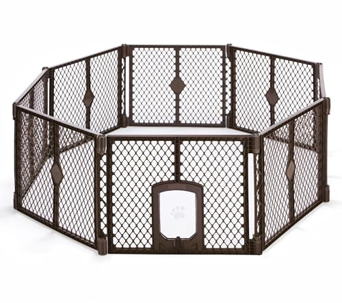 MyPet 8-Panel Petyard Passage: 6.5 ft. Wide 26 in. Tall Brown Freestanding Customizable Folding Pet Enclosure with Lockable Pet Door; Indoor/Outdoor Puppy Playpen Made in USA