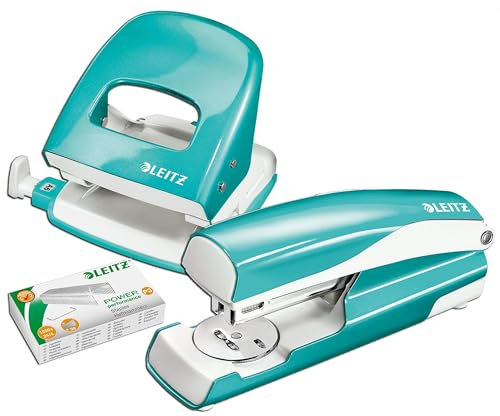 Leitz 5008 NeXXt Series WOW Bürolocher, Metall, bis zu 30 Blatt / Kombi-Set mit Heftgerät + 1000 Klammern extra (Eisblau Metallic)