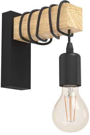 EGLO Wandlampe innen Townshend, Vintage Wandleuchte mit Holzbalken, Retro Wand Lampe aus Holz und Metall in Schwarz, E27