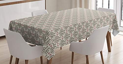 ABAKUHAUS Jugendstil Tischdecke, Medieval Motiv, Für den Inn und Outdoor Bereich geeignet Waschbar Druck Klar Kein Verblassen, 140 x 240 cm, Creme Getrocknete Rosen-Armee-Grün