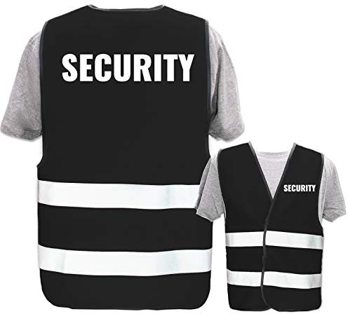 Bedruckte Warnwesten mit ISO-Leuchtstreifen * Standard- oder Reflex-Druck * Thema Sicherheit & Team, Warnweste Begriffe Security:Security, Farbe + Größe:Schwarz (M/L)