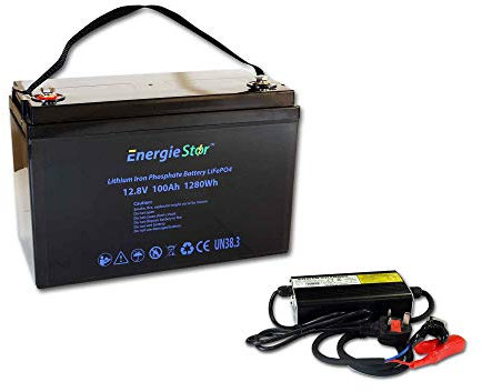 LOWENERGIE 100Ah, 1280Wh LiFePo4 Battery 12.8V Lithium-Ion Iron Phosphate 12V Leisure Solar Caravan (Battery plus charger)