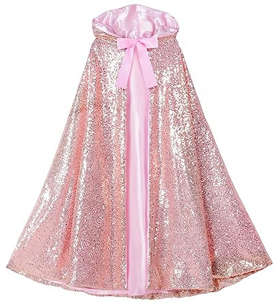 Kinder Umhang mit Kapuze für Mädchen, Pailletten, langer Umhang für Prinzessinnen-Kostüm, Weihnachten, Halloween, Party, Cosplay Gr. 3-5 Jahre, champagnerfarben