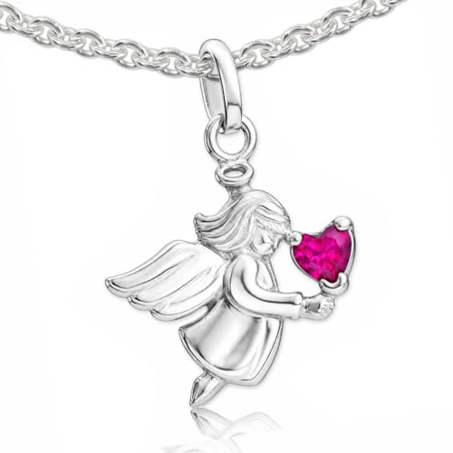 CLEVER SCHMUCK Mädchen Halskette Engel Silber 26 mm mit Zirkonia Herz rubinrot in der Hand & Erbskette 42 cm 925 STERLING Taufgeschenk im Etui