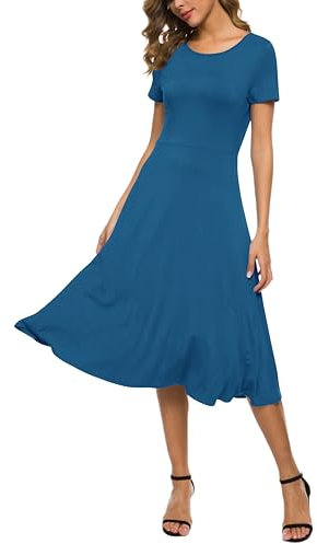 EXCHIC Damen Casual Rundhals A-Linie Kurzarm Midi Kleid Sommer Stretchy Knie Langes Freizeitkleider(M, Stahlblau)