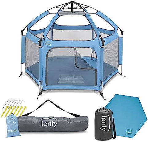 tenty Baby Pop-Up Laufgitter Set für drinnen und draußen - 150 x 100 cm - mobiler Laufstall mit Tragetasche, UV-Dach und Bodenmatte - für zuhause, Reisen, Camping - Blau (Blau)