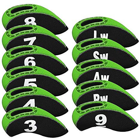 TOHMLAPE Golf 11pcs Neoprene Iron Head Covers Set Headcover With Large Numbers 3-9/AW/PW/SW/LW Fit All Brands Callaway Ping Taylormade Cobra,Black/Green