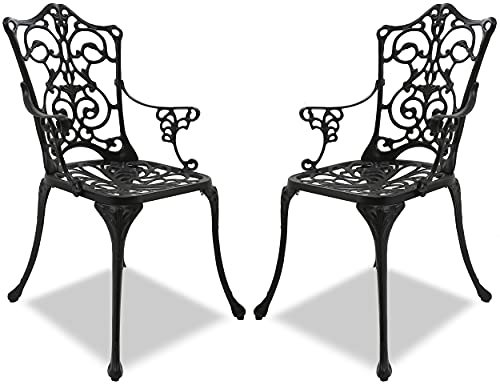 Homeology Tabreez Bistrostühle für Garten und Terrasse, mit Armlehnen, Aluminiumguss, Schwarz, 2 Stück