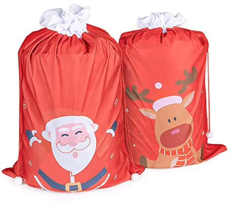 ilauke Weihnachtssack Groß XXL, 2 Stück Nikolaussack Weihnachtsbeutel Stoff Jutebeutel Weihnachts Geschenkesack zum Befüllen für Weihnachtsmannkostüm Geschenke Dekorationen (Rote Kordel)