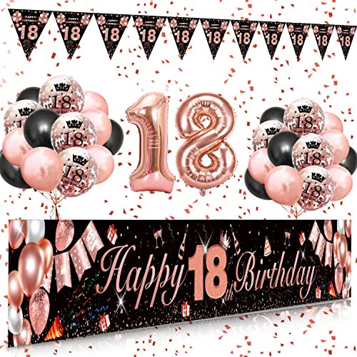 18. Geburtstag Dekoration Mädchen, SWPEED Extra Lange Happy Birthday Banner Girlande Wimpel (9*1.21 Füße), 18 Geburtstag Deko Banner Hintergrund und Schwarz Rosegold Luftballons Konfetti Luftballons