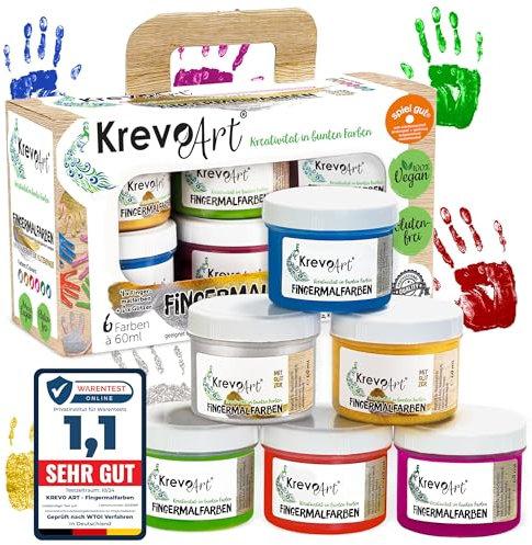 Krevo Art Peinture au doigt pour enfants, 6 couleurs vives et opaques de 60 ml chacune, lavable, peut être peinte avec un pinceau, une éponge, des doigts et des pieds (doré et argenté)