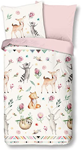 Soma Renforcé Pastell Kinder-Bettwäsche-Set 2 teilig Bettbezug 2tlg 135x200cm 80x80cm (Waldtiere rosa weiß)