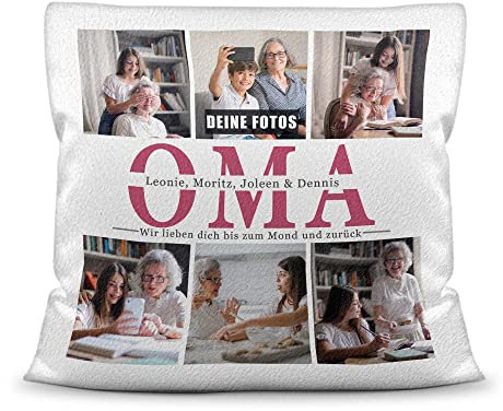 Foto-Kissen selbst gestalten - Oma wir lieben Dich - Collage mit 6 Fotos & Namen - Geschenk für die Beste Oma von Enkelkindern - inkl. Füllung, Kissen Weiß flauschig, 40x40 cm