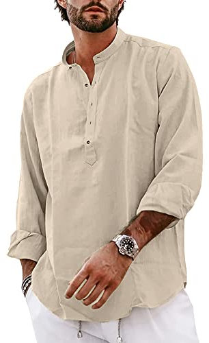 YAOBAOLE Casual Shirts for Men UK Mens Linen Shirts Long Sleeve Slim Fit Men Shirt Henley T Shirt Mens Khaki 2XL