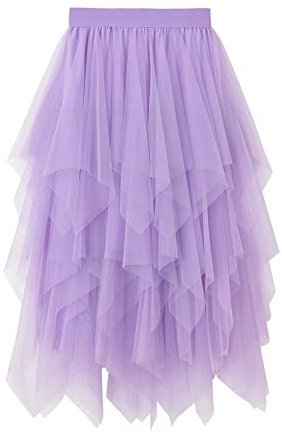 Damen-Tüllrock, elastisch, hohe Taille, Blumendruck, Abgestuft, geschichtet, unregelmäßiges Mesh, Ballett, Abschlussball, Party, Tüll, Tutu, Midirock in A-Linie (B-Purple, ONE Size)