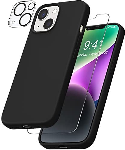 YATWIN Case Compatible for iPhone 14 with 1 Pack Screen Protector + 1 Pack Camera Lens Protector, Liquid Silicone Slim Soft Rubber Shockproof Phone Case Compatible for iPhone 14 (6.1Inch) - Black