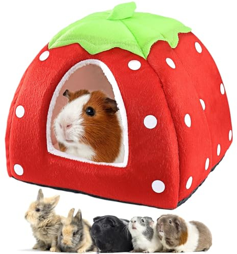 Guinea Pig Bed Rabbit Hideout Warm Fleece Cuddle Cup Washable Winter Sleeping House for Small Pet/Ferret/Chinchilla/Bunny (Strawberry Style)