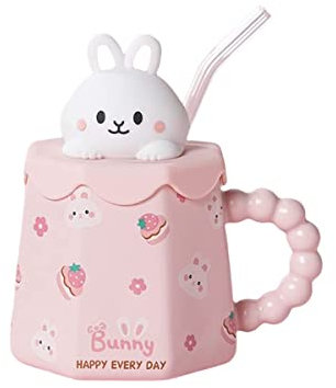 GawmFoiuy Mark Cup with a Straw Animal Print Stuff Gifts 400 ml Ceramic Tea Coffee Cup Kawaii Mugs Funny Animal Mug Rabbit Mug Birthday Gifts for Women Girls Kids Lovers (Pink Hase)