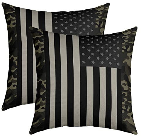 Amerikanische Flagge Kissenbezüge 50x50, Satz von 2 - Militär Camo für Schlafzimmer Bett, Retro Armee Grün Camouflage USA Flagge, Schwarz Grau Sterne Streifen Wurfkissenbezüge