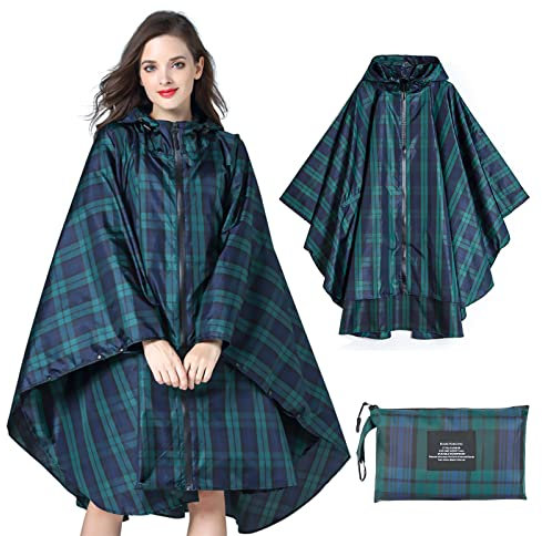 SOPPY Poncho de pluie léger et imperméable pour homme et femme, coupe-vent, réutilisable, Ripstop respirant avec capuche pour activités de plein air, taille unique, Vert carreaux, Large/X-Large