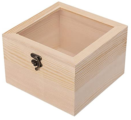 F Fityle Quadratische Holzkiste mit Deckel, Schmuck Vitrine Aufbewahrungsbox mit Glasabdeckung, Holz Kasten mit Sichtfenster, Holz Geschenkbox mit Deckel für Geschenk Dekor, 18 cm x 18 cm x 12 cm