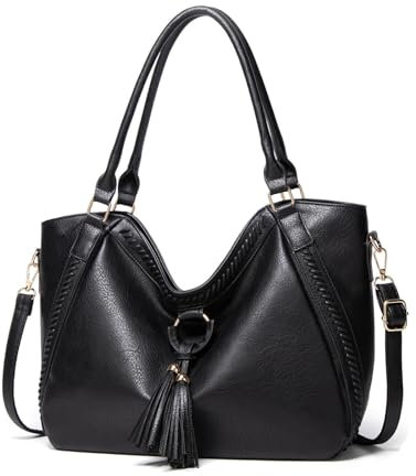 VINBAGGE Damen Handtasche Leder Henkeltasche Top Griff Tasche Vintage Weiches Umhängetasche Schultertasche für Frauen Arbeit Schule Shopper Reise - Schwarz