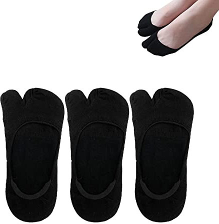 SUNTRADE Tabi No Show Damen-Socken, rutschfeste Flip-Flop-Socken, niedrig geschnitten, japanische Tabi-Zehensocken, 3 Paar, Schwarz, Medium-Large