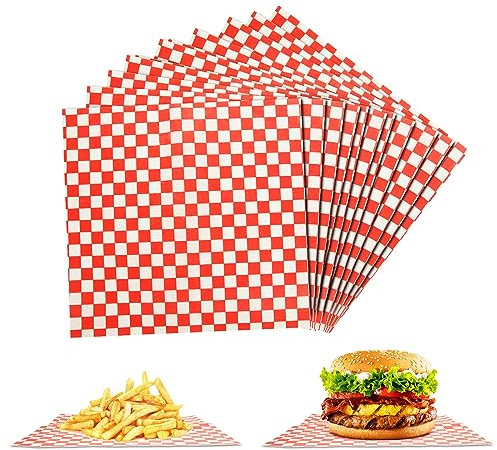 APACALI 300 Sheets Food Grade Wrap Paper, 11x10 Checkered Basket Liners, Greaseproof Paper Sheets, Burger Paper Sheets Square for Sandwich, Hamburgers, Fries, Cake, Red