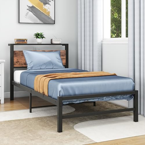 VERFARM Metallbett Bettrahmen mit Holz Lagerung Kopfteil, Bettgestelle mit Lattenrost für Schlafzimmer Gästezimmer, Einfache Montage, Rauschfrei, 90 x 200 cm