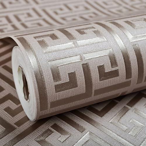 Modern Geometric Greek Key Wallpaper Black Grey Luxury Satin Effect PVC Waterproof Wall Decoration for Bedroom Living Room (0.53m*10m,Gray)