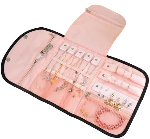 igadgitz Home U7253 Organizer Gioielli Pieghevole, Portagioie da Viaggio, Organizzatore gioielli, Custodia Gioielli Rotolo - Nero e Pesca