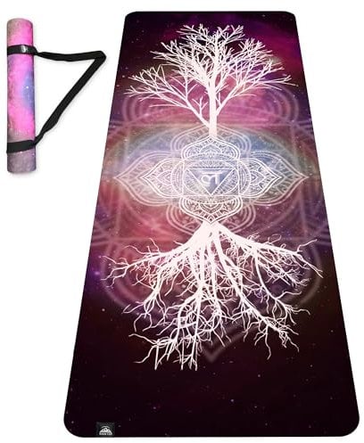 Yogamatte aus veganem Wildleder – Baum des Lebens / Wurzelchakra-Design, extra dick, 6 mm, schweißfeste Oberfläche, perfekt für Yoga, Hot Yoga, Pilates und schweißtreibende Workouts – inklusive Gurt