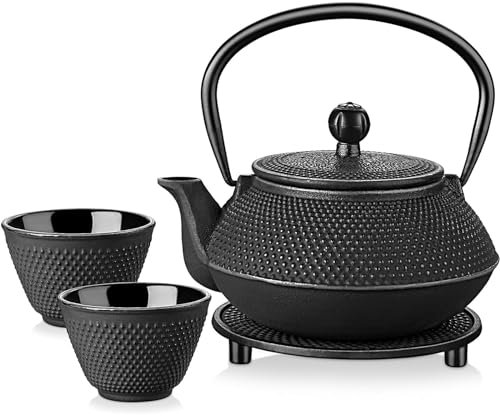 Gr8 Home Black 5 in 1 Cast Iron Japanese Style Teapot Set Stovetop Tetsubin Hobnail Design 800ml Tea Pot Kettle with Infuser Cups Trivet Stand Tray