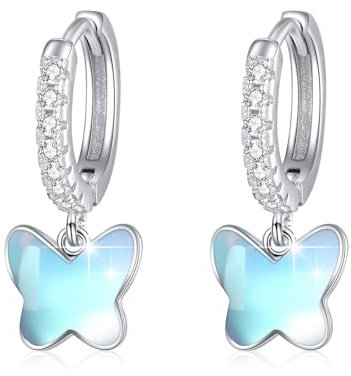 MEDWISE Schmetterling Creolen Mondstein Ohrringe - Silber Hängend Schmuck für Damen, Frauen, Kinder & Tochter - Geburtstag Geschenk